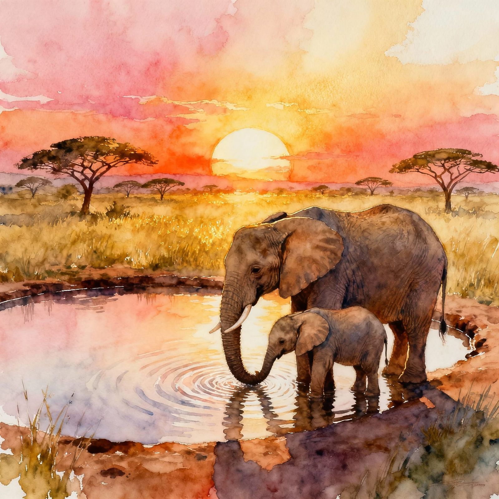 Mother and Baby Elephant Drinking at Sunset Watercolor