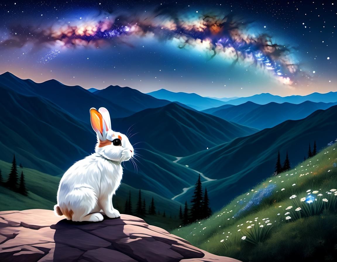Calico Rabbit Stargazing on a Mountaintop
