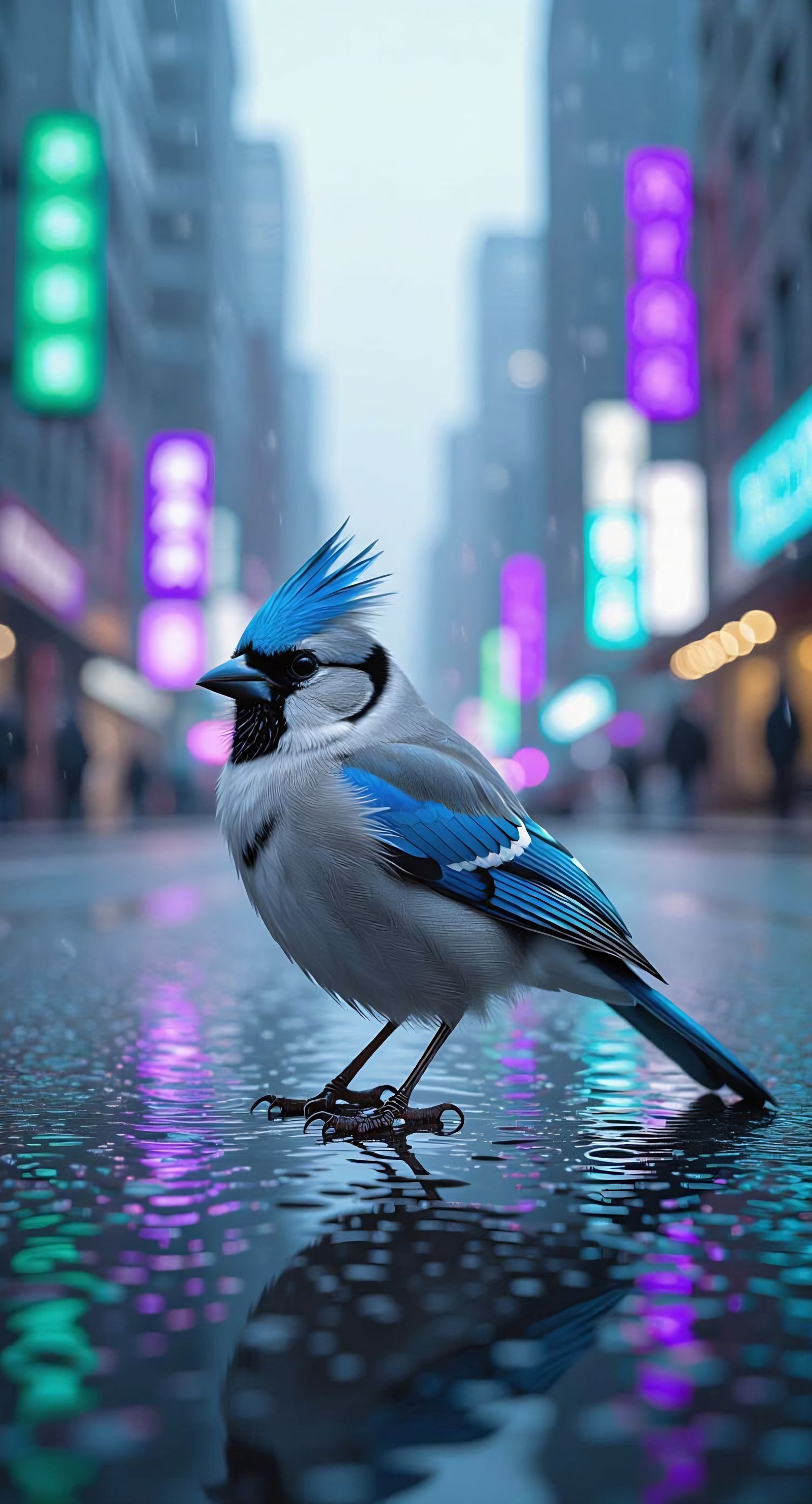 Blue Cardinal Perched on Wet Asphalt in Cyberpunk City