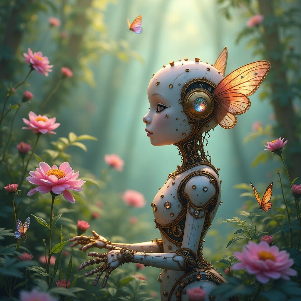 Elegant Robot in Lush, Vibrant Garden with Iridescent Butter...