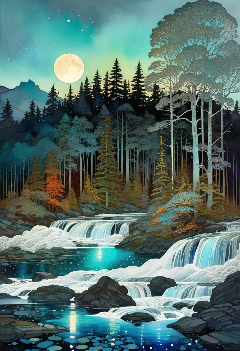 Moonstone Falls in Digital Art Nouveau Style