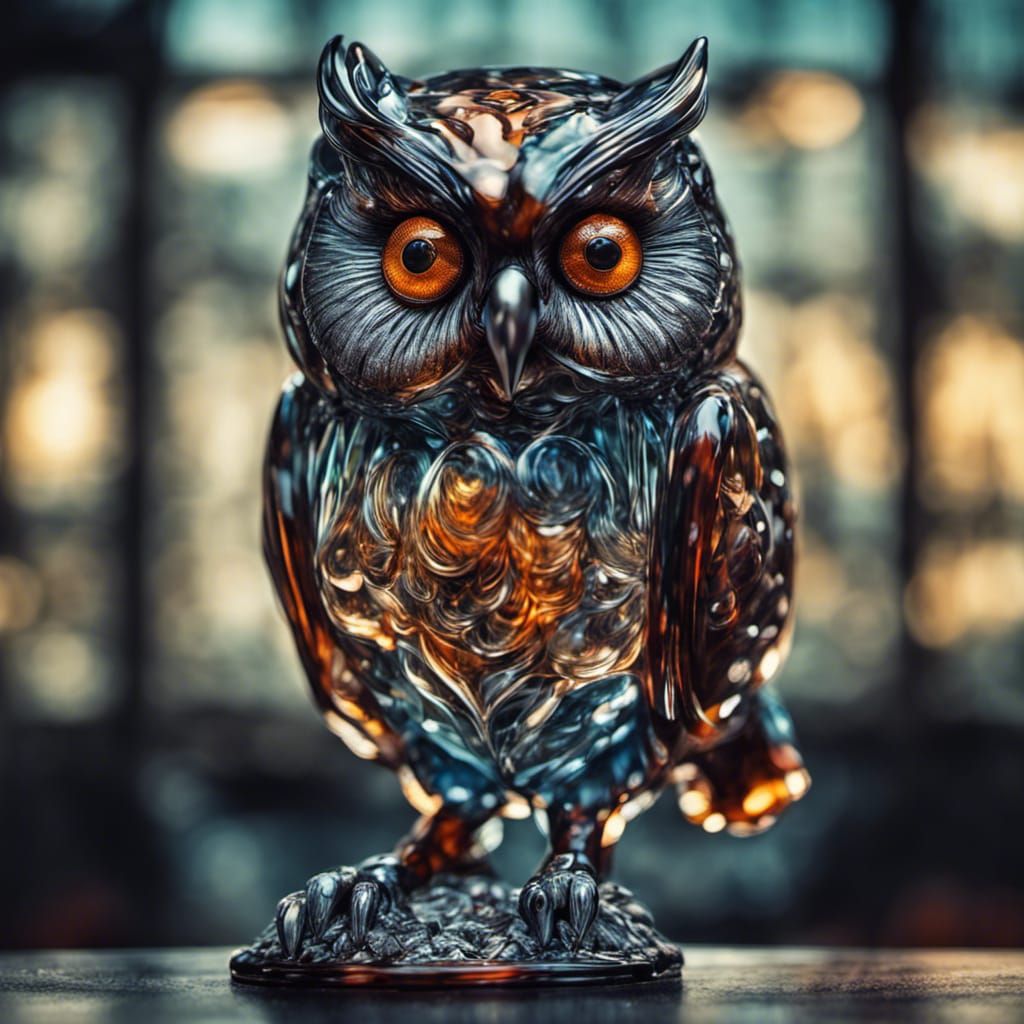 Hyperrealistic Glass-Blown Owl with Intricate Details
