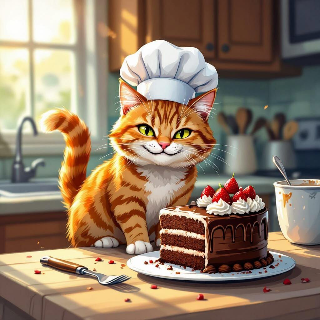 Mischievous Cat Chef Steals Cake in Comic Book Style