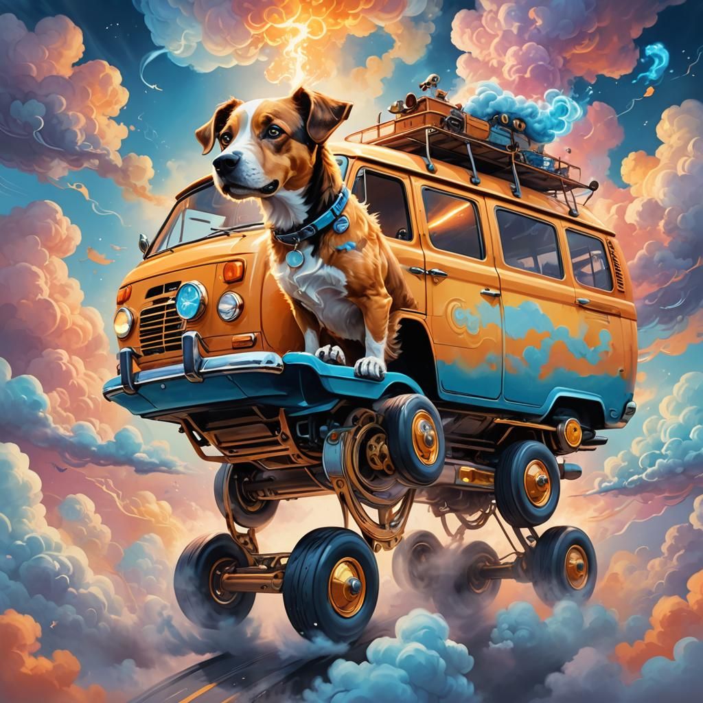 Magical Dog on Levitating Van in Fantasy Landscape