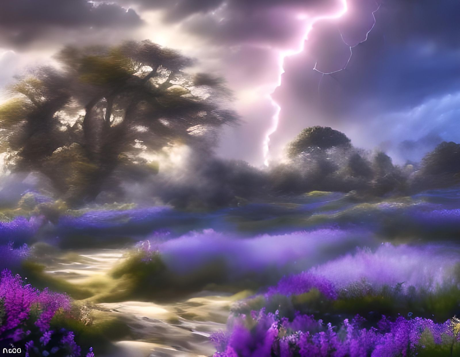 Cosmic Cherry Blossom Landscape with Lightning Storm