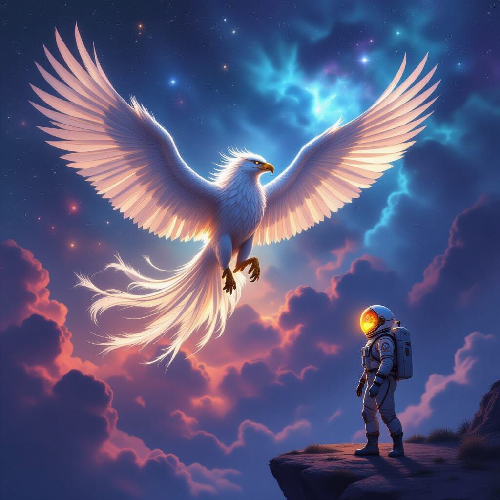 Astronaut on Floating Island with Gryphon in Nebula