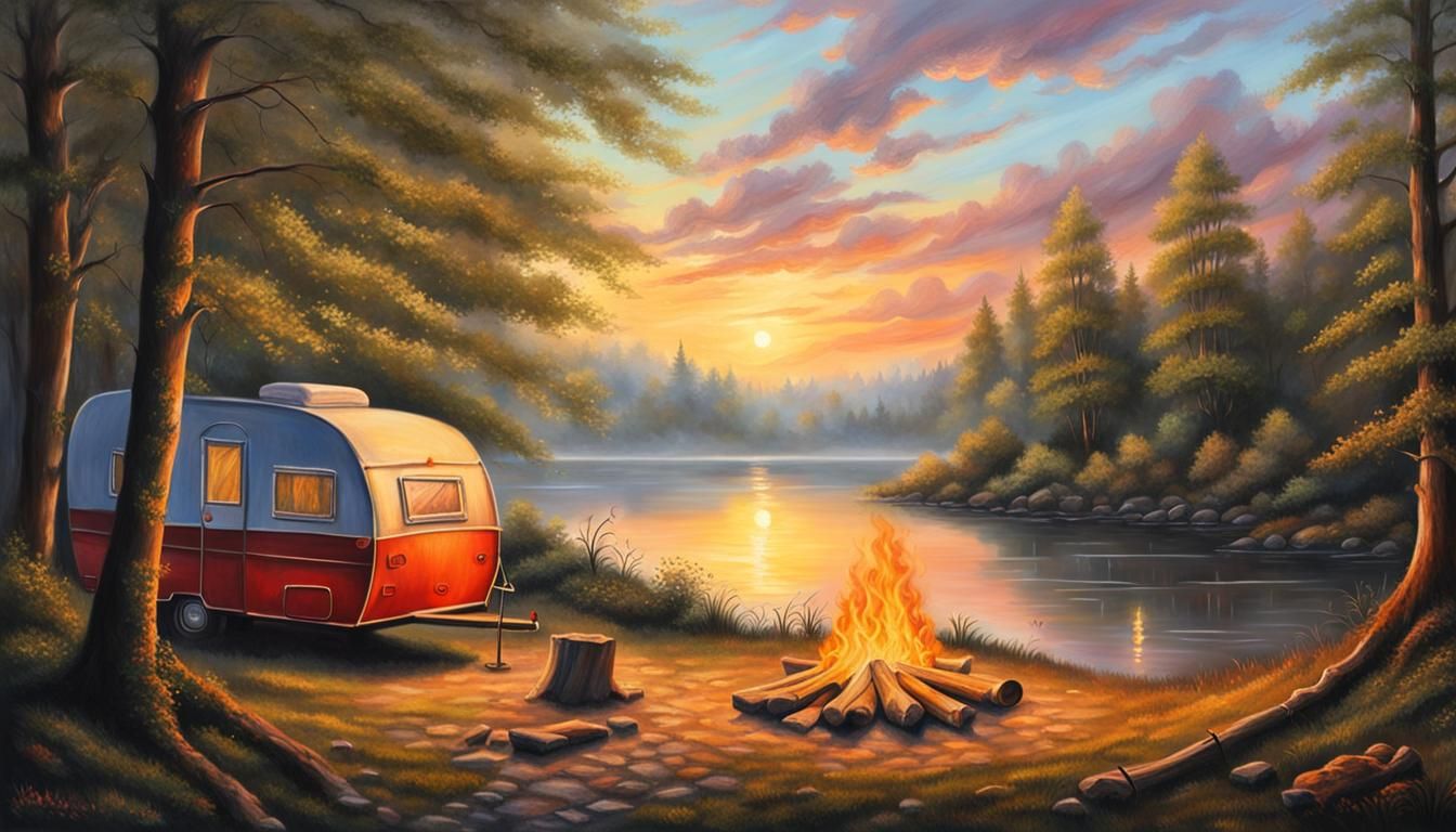 Sunset at Campsite with Campfire Oil Painting