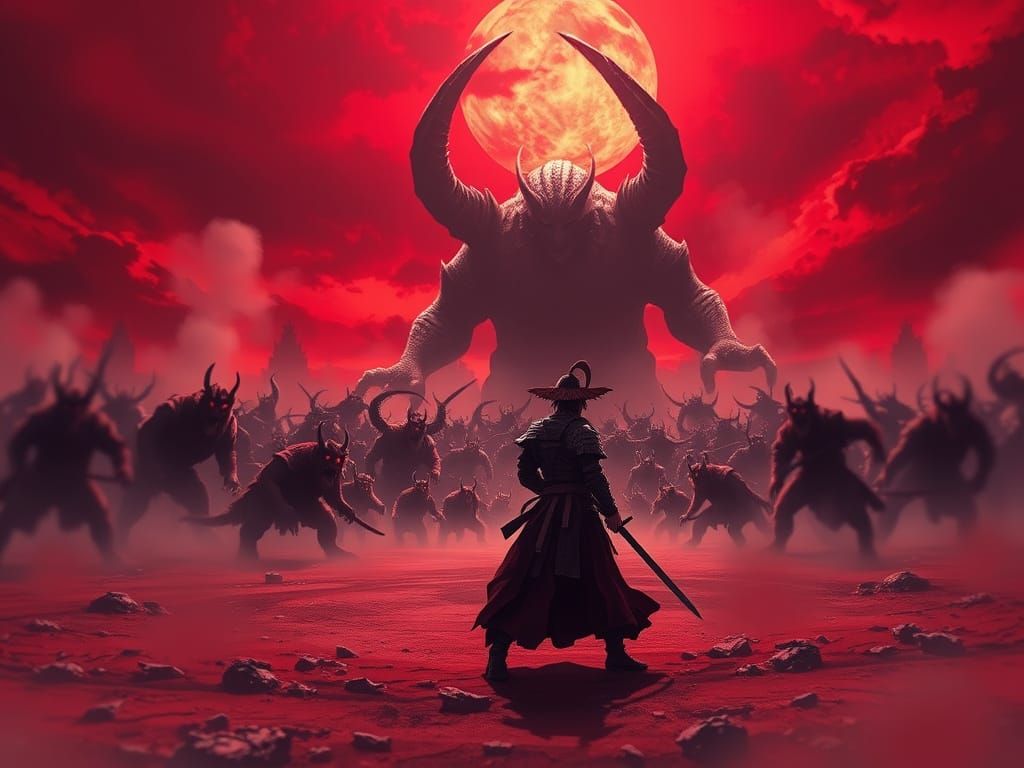 Anime Samurai vs Demons Under Blood Red Sky