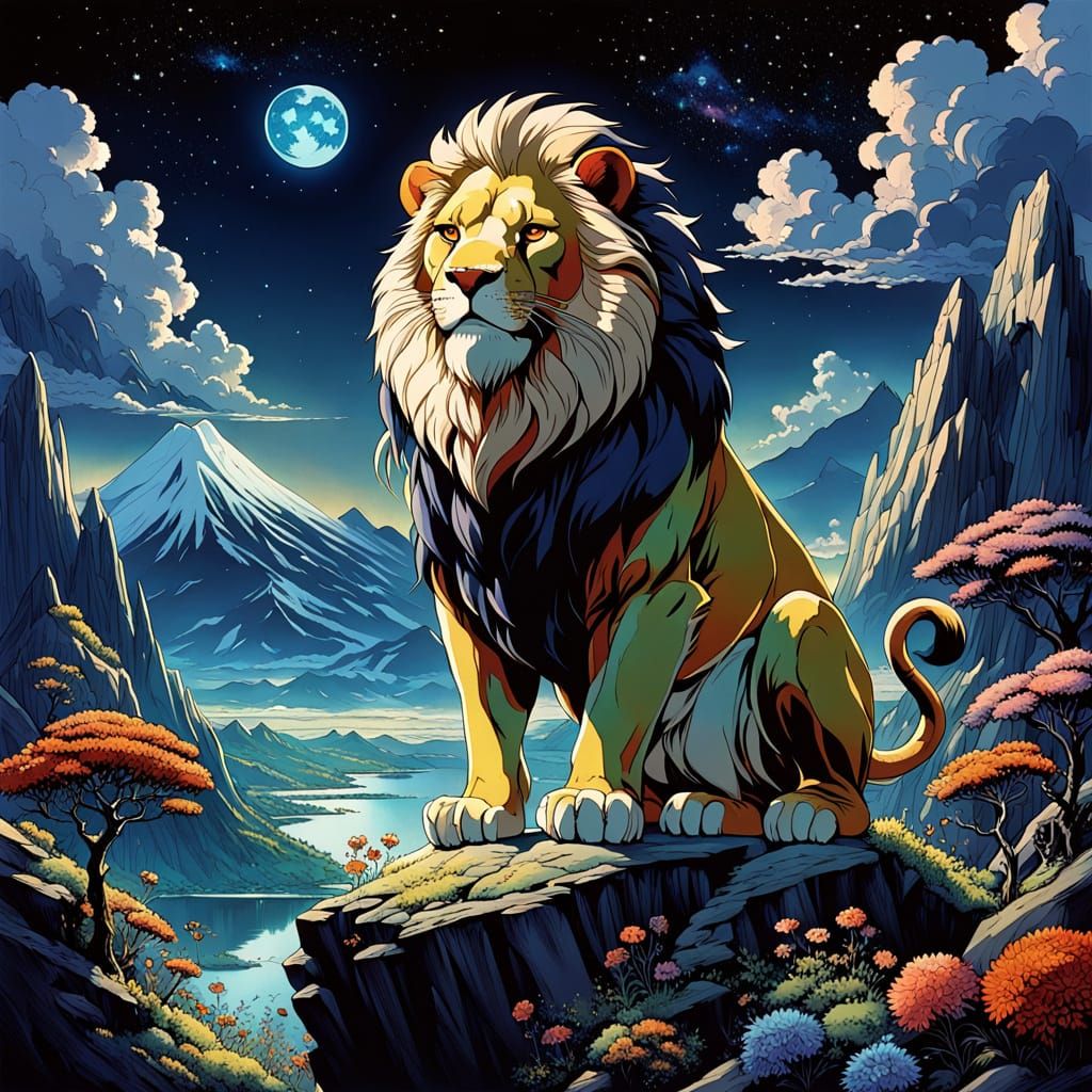 lion on a mountain edge, made of crystals on a twilight land...