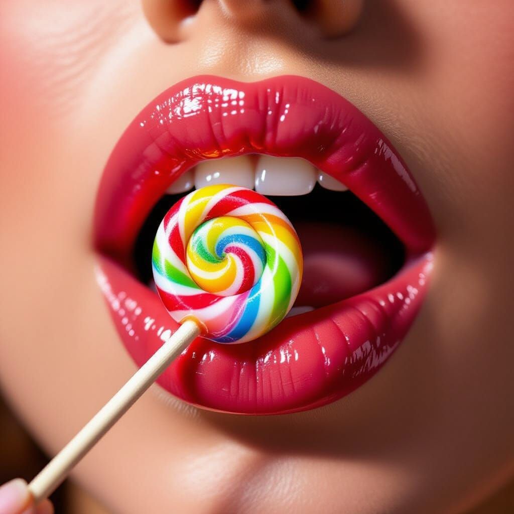Macro Photo: Mouth Licking Colorful Lollipop