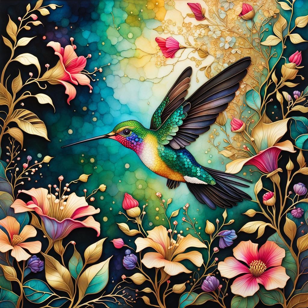 Hummingbird in Lush Garden: Alcohol Ink Art