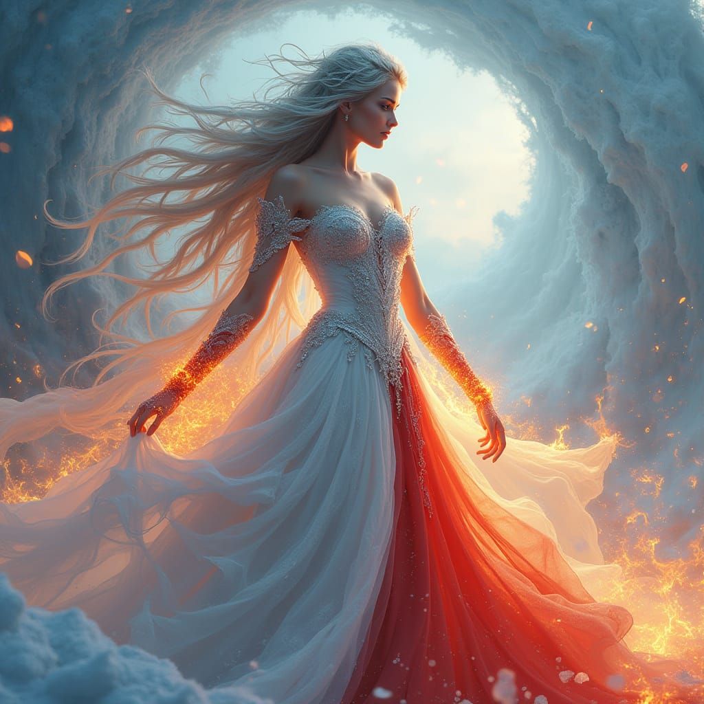 Regal Ice Flame Goddess in Digital Painting Style