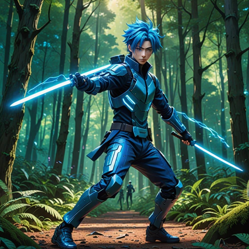 Blue-Haired Swordsman Dances in Bioluminescent Forest