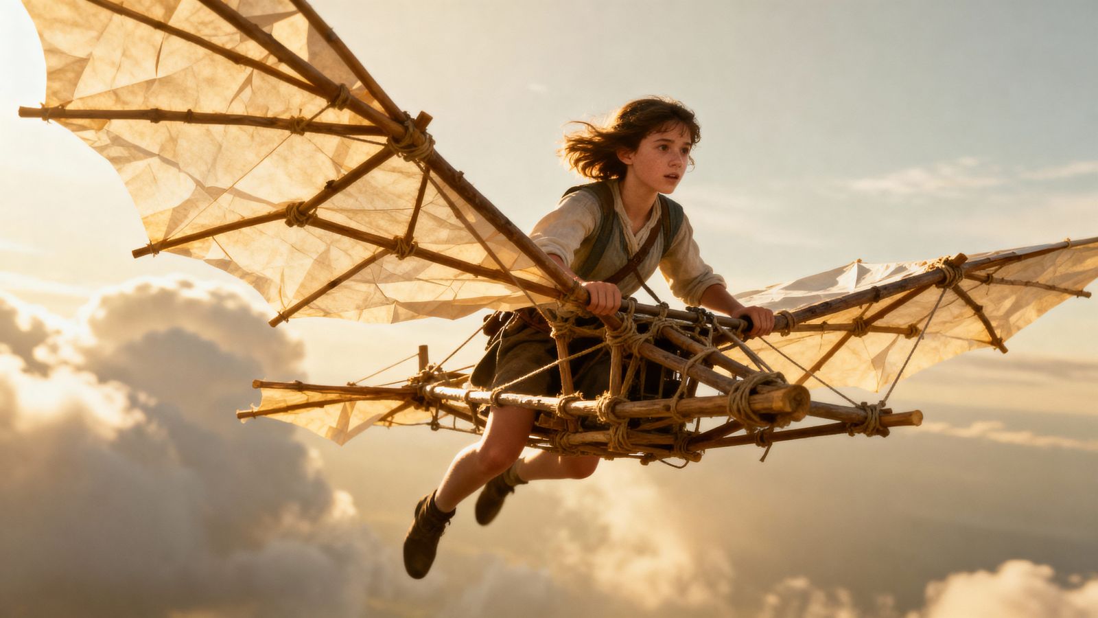 Woman Pilots Paper Flying Machine in Ethereal Light