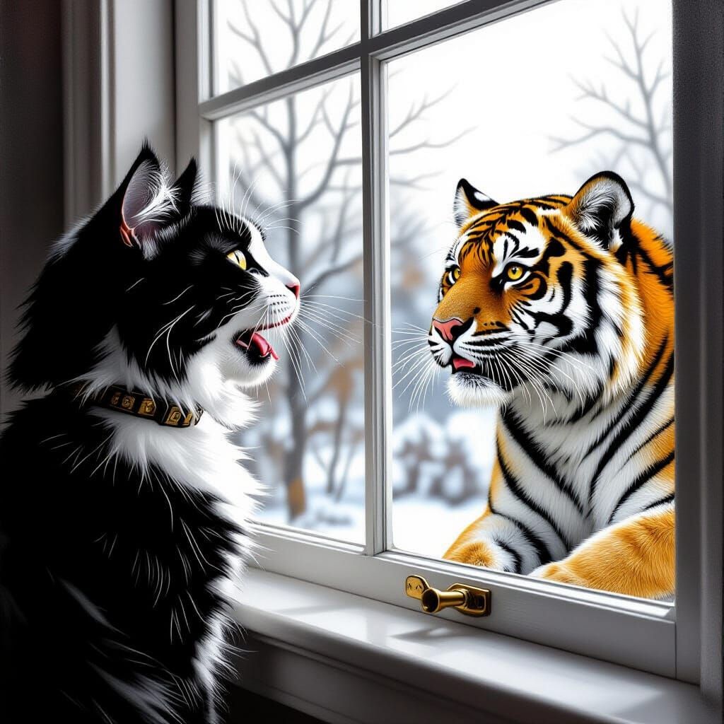 Surprised Cat Observes Tiger: Wildlife Realism