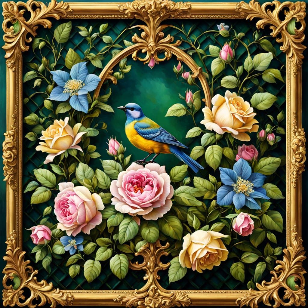 Baroque Floral Masterpiece with Intricate Lattice and Golden...