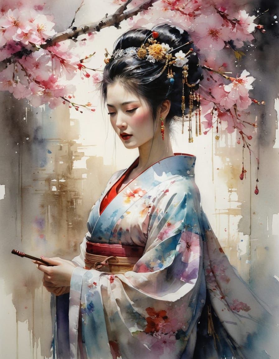 Beautiful Geisha in Watercolor Style