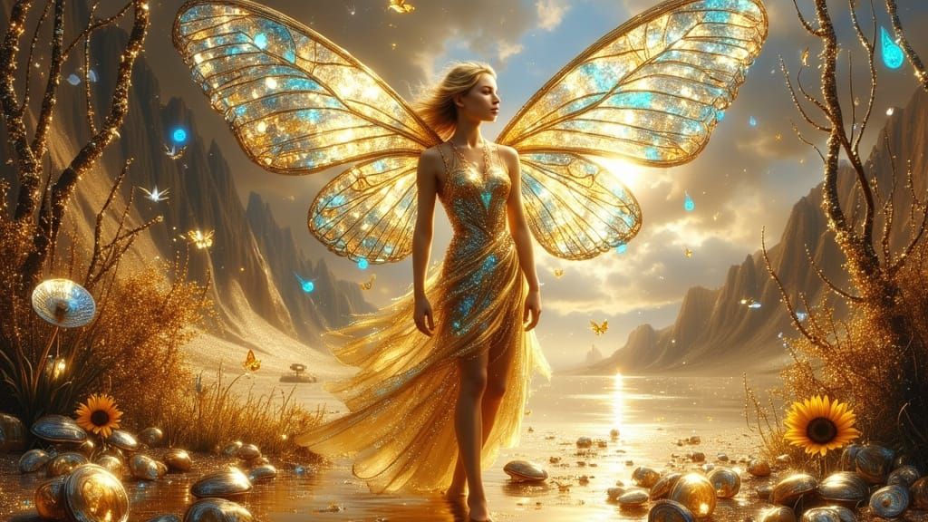 Elf Woman with Stained Glass Wings Above Desert