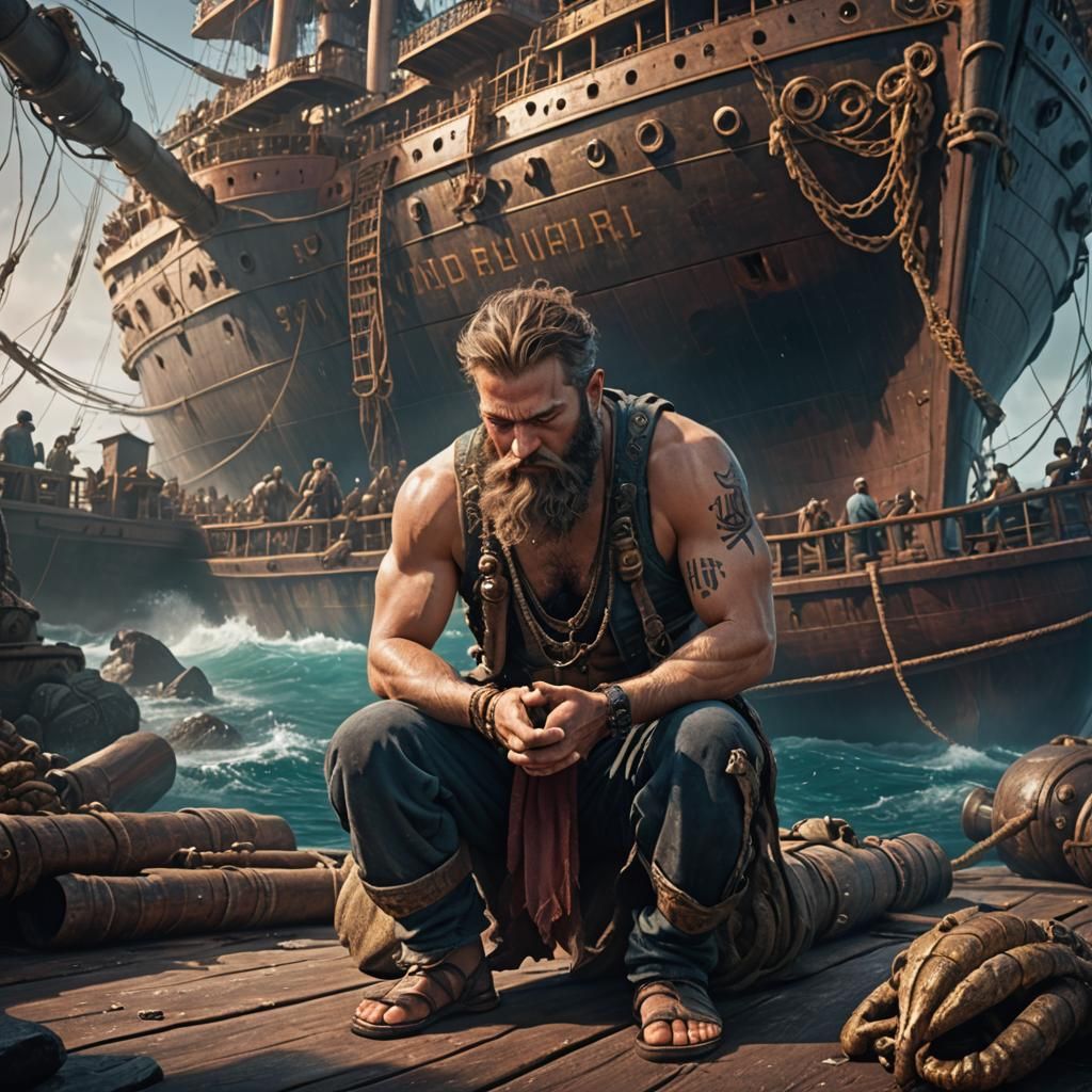 Bearded Man Praying Under Ship: Fantasy Concept Art