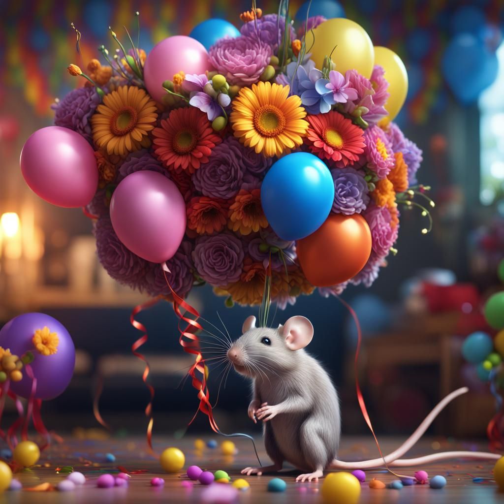 Mouse with Flower Crown Enjoys Birthday Feast