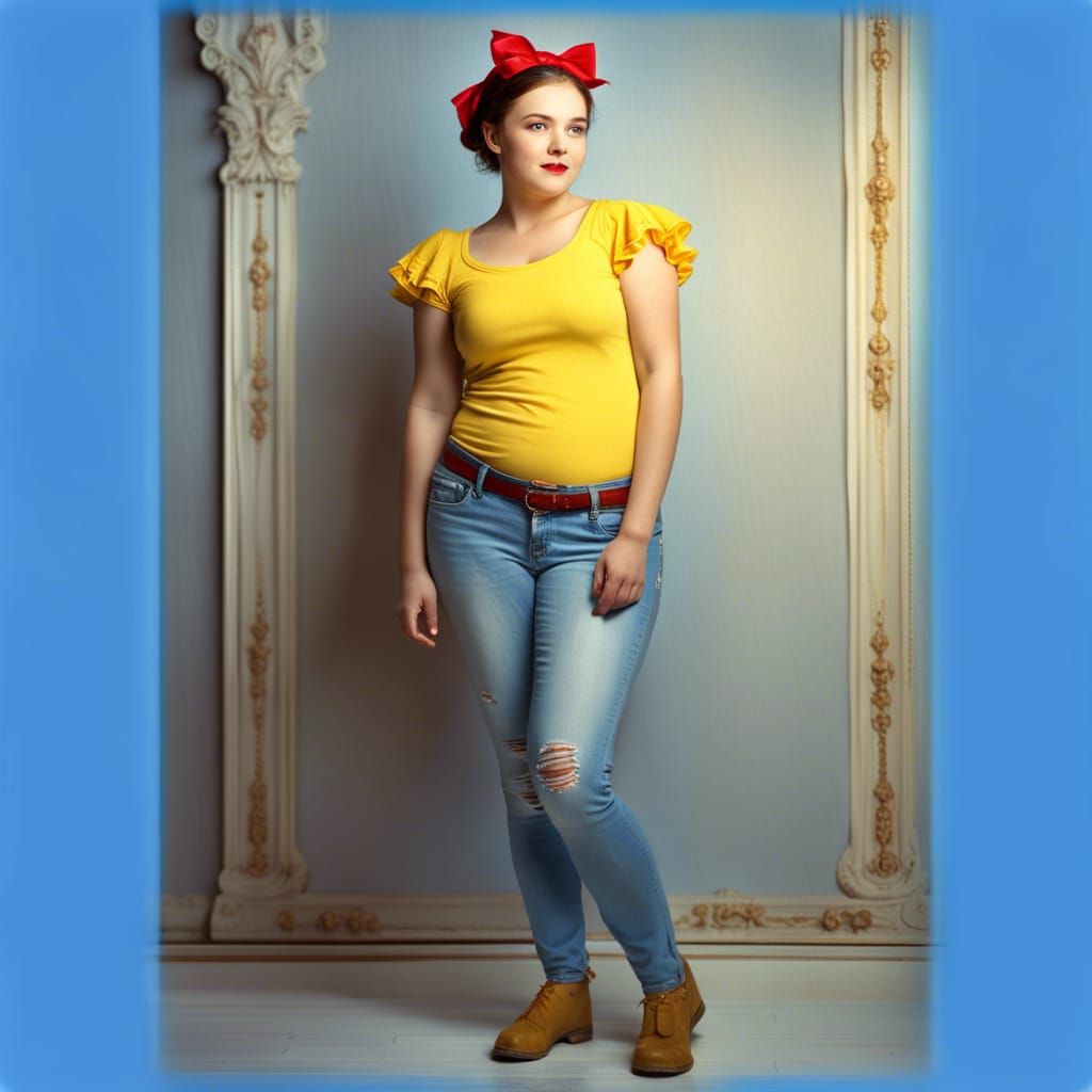 Chubby Snow White in Jeans, Hyperrealistic Portrait