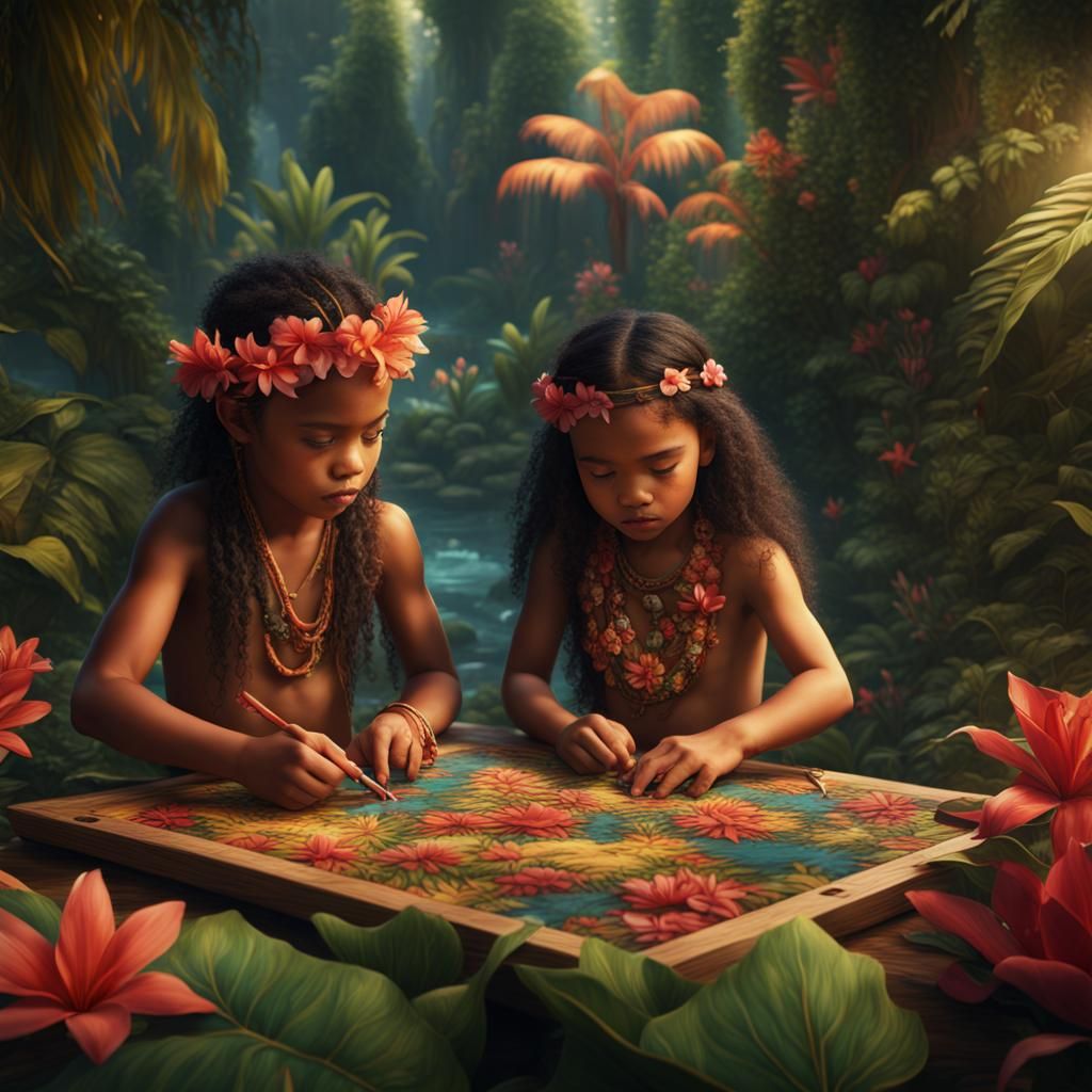 Polynesian Children Solve Puzzle in a Tropical Paradise