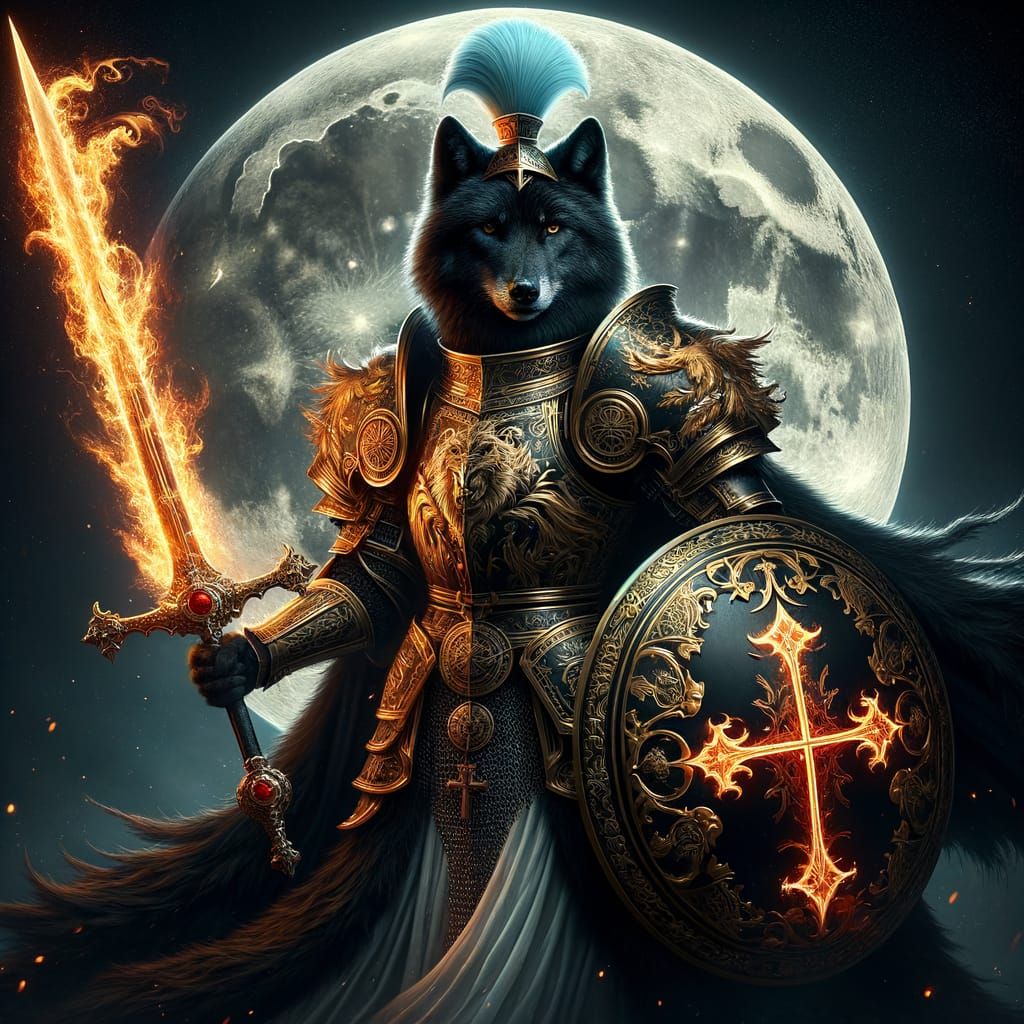 Armored Black Wolf with Flaming Sword Under Red Moon