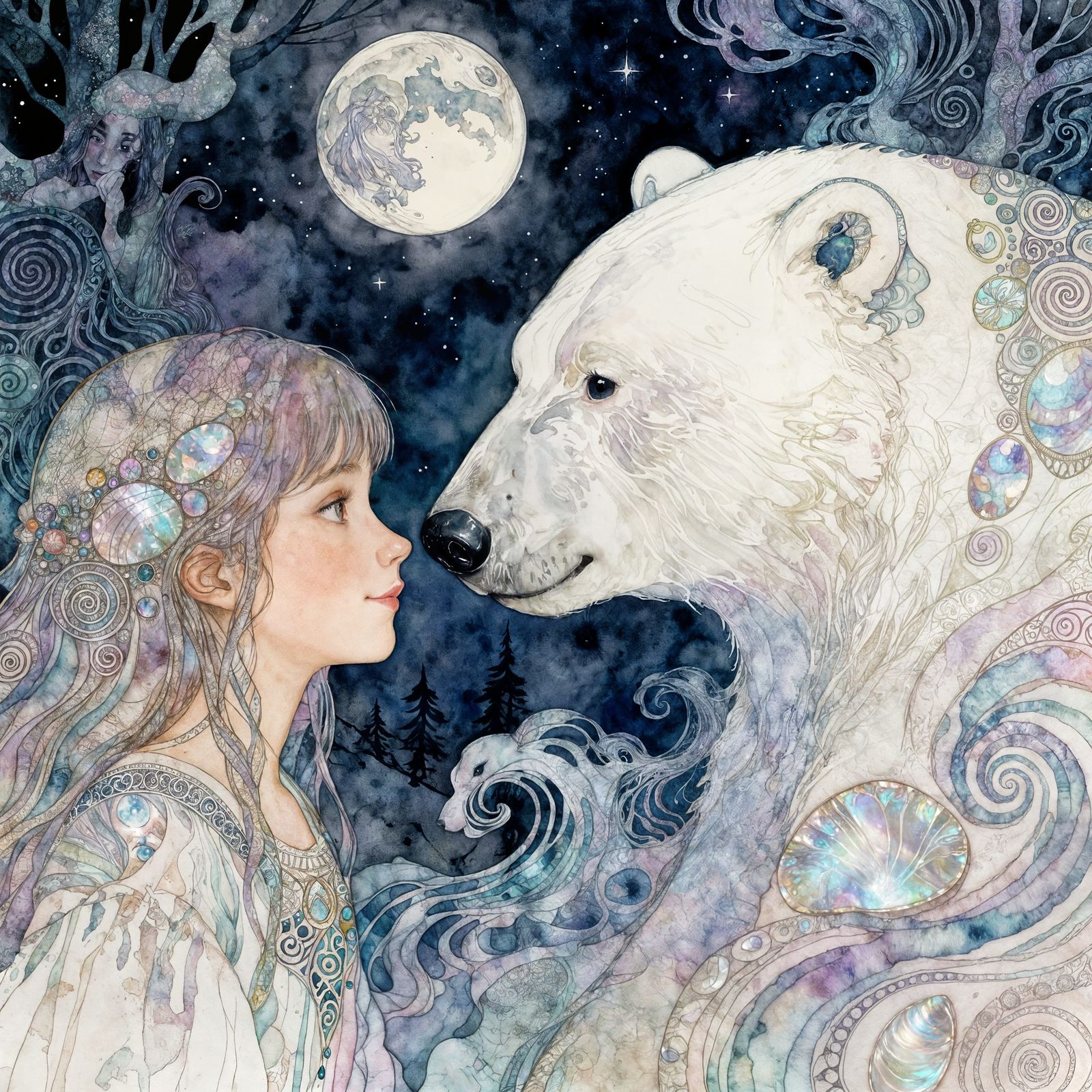 Girl Meets Polar Bear in Moonlit Fairytale Illustration