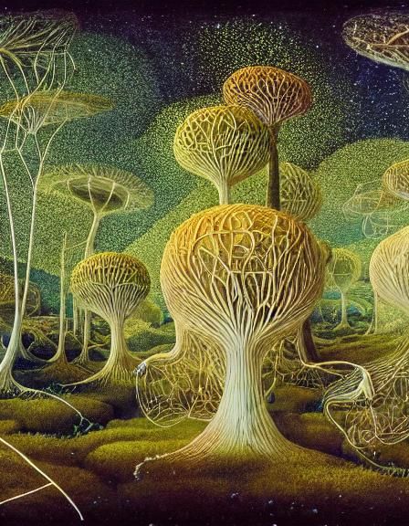 Ethereal Musical Notes Form Mycelium Landscape in 8k