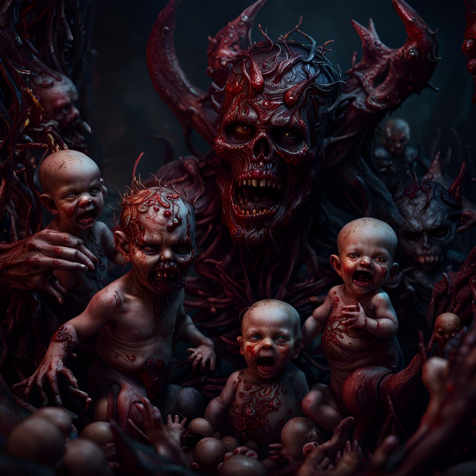 Demonic Figures with Zombie Infants in Hellscape