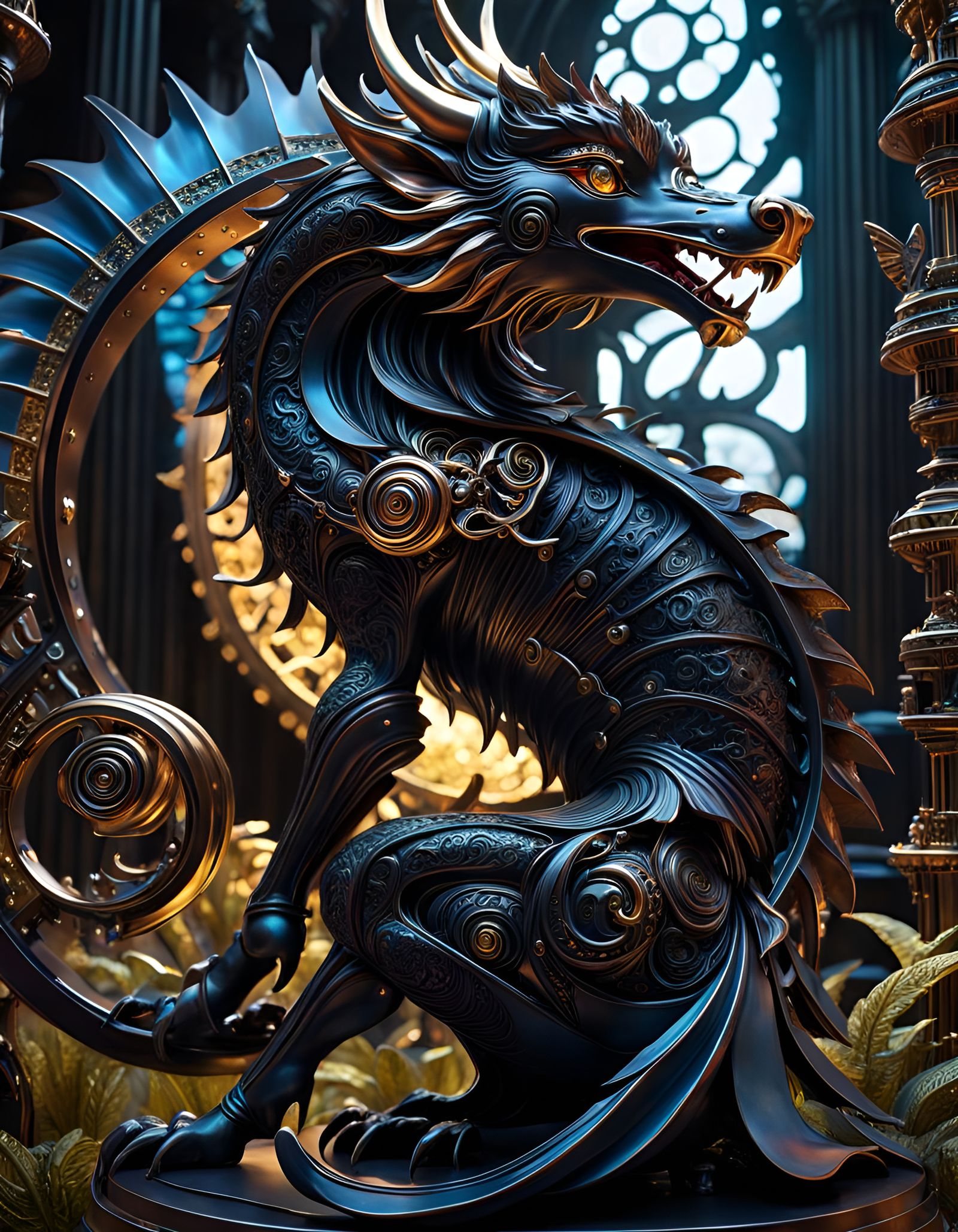 Metallic Fantasy Sculpture with Optical Illusion Art