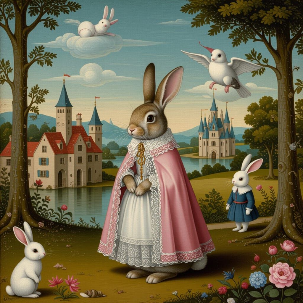 Rabbit in Lace Cloak: Surreal Dreamlike Scene