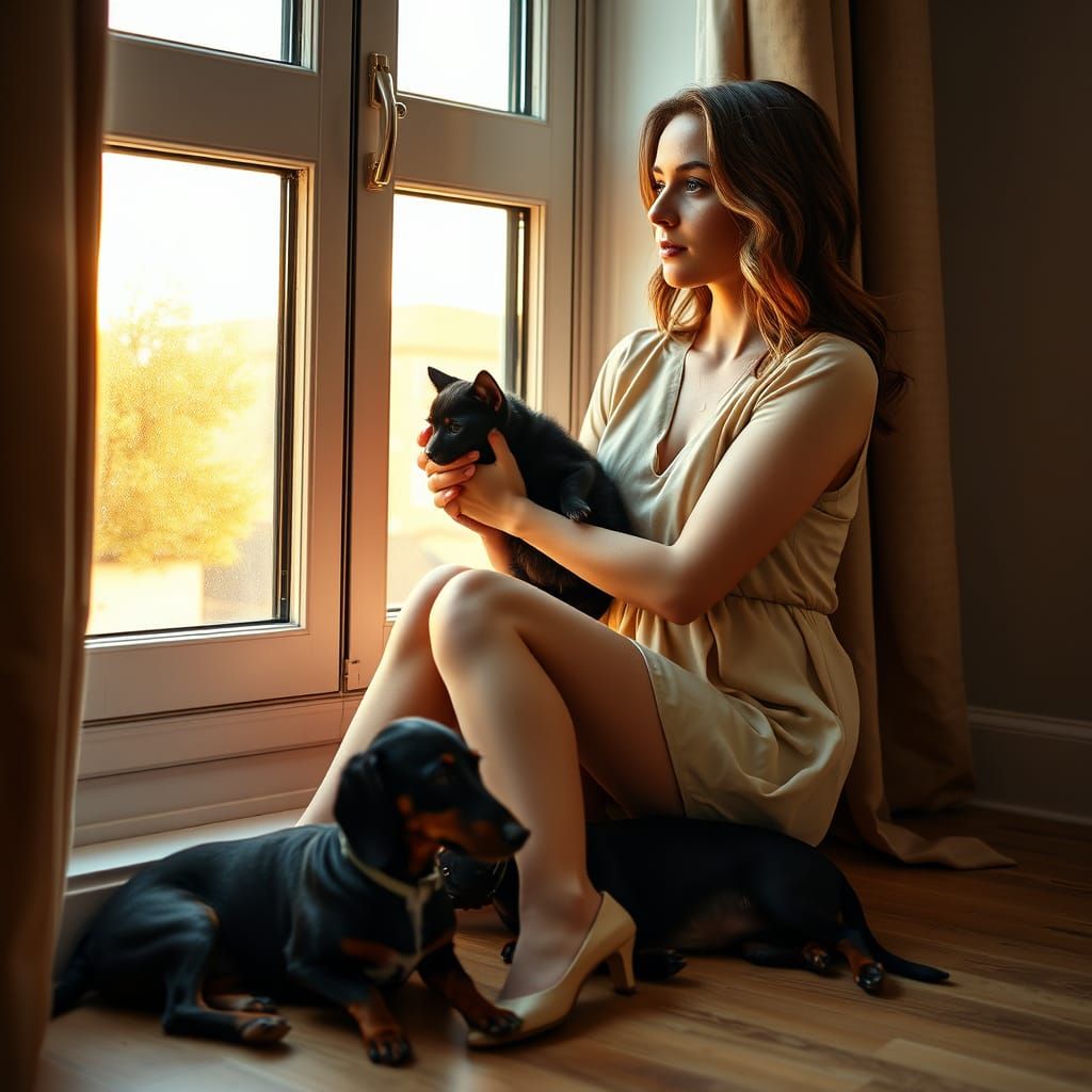 Woman with Cat and Dog in Morning Light