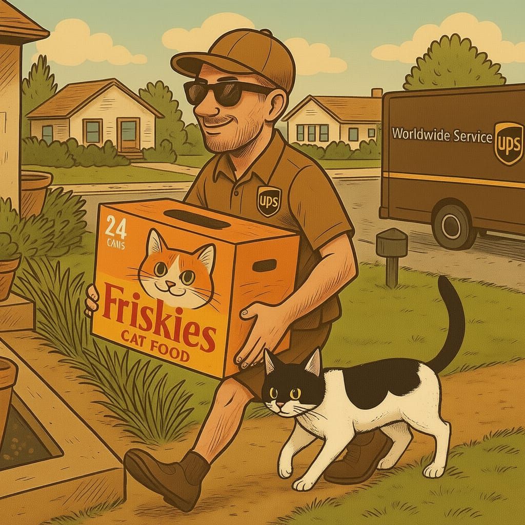 White and Black Cat Follows Delivery Man