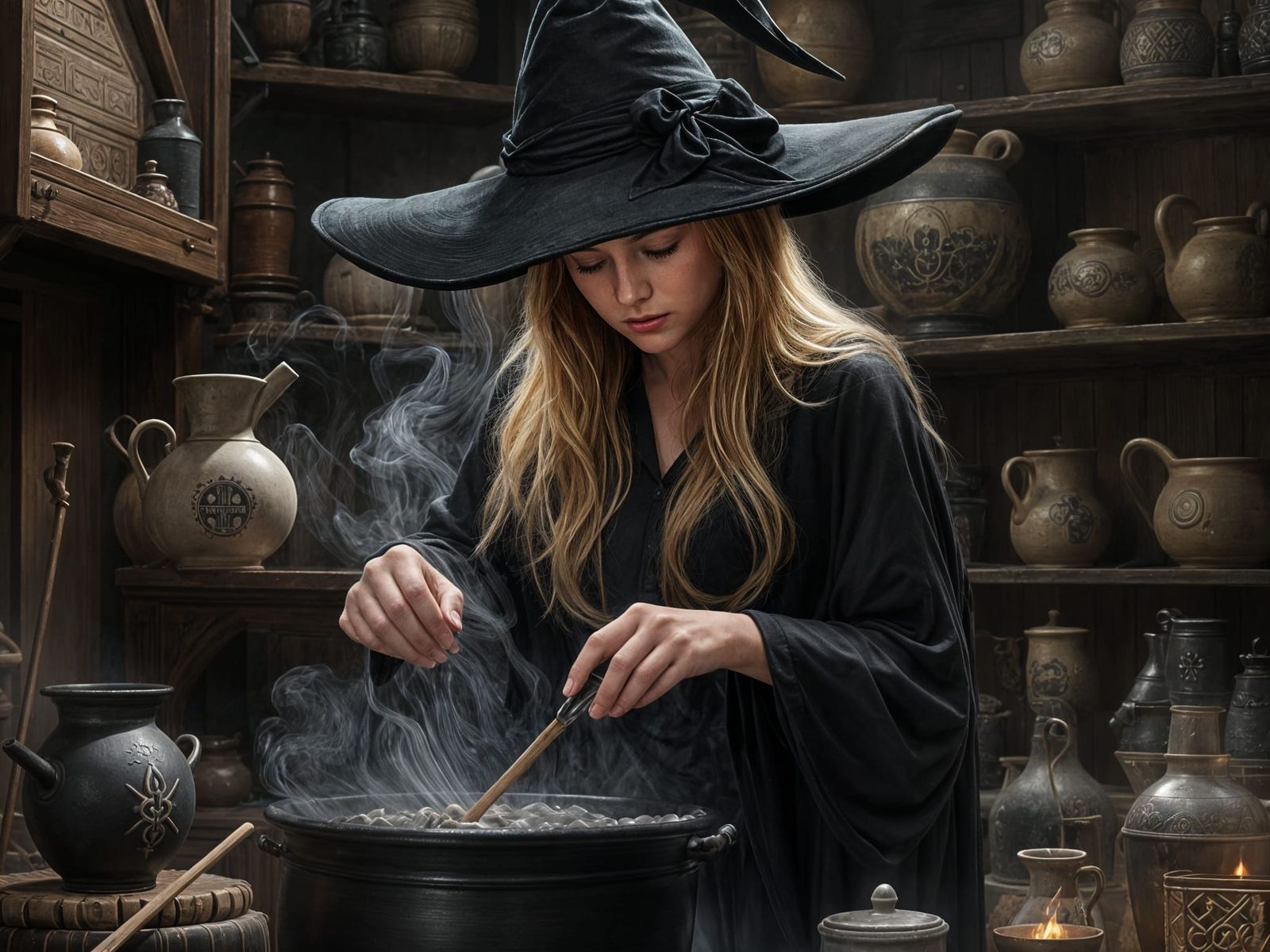 Young Witch Brewing Potion in Dark Chamber