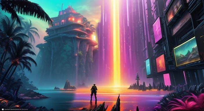 Tropical Cyberpunk Fortress on Ocean Shore