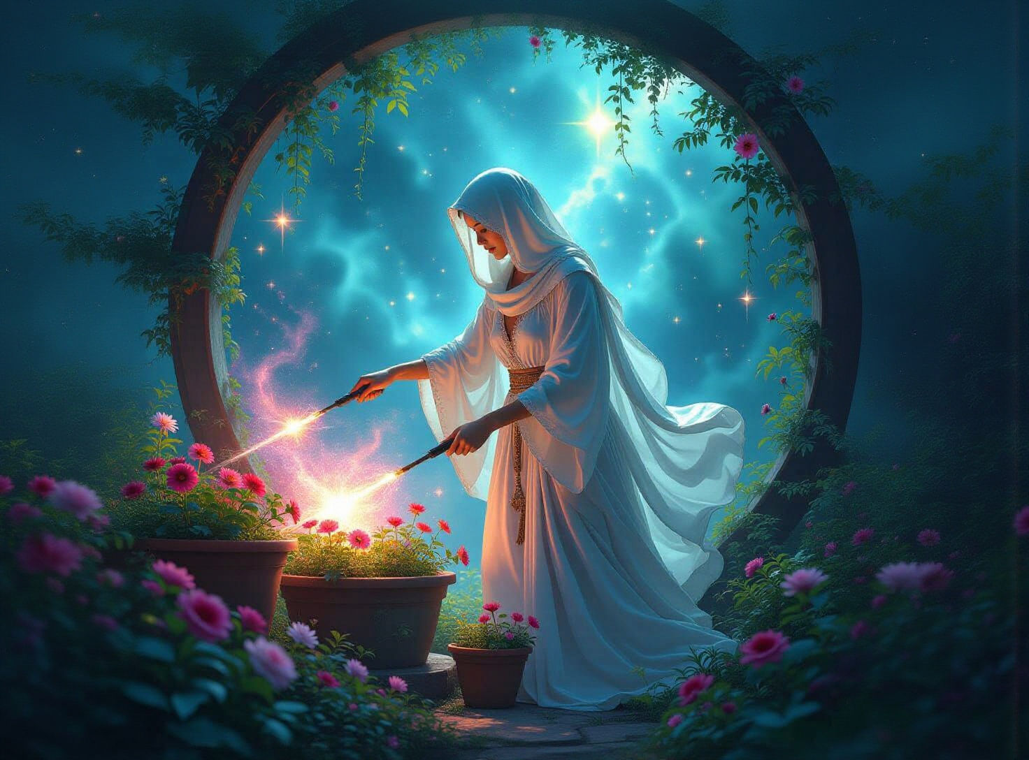 Cosmic Gardener Tending Nebula Garden with Planet Pots