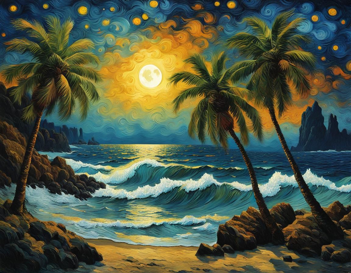 Gothic Island Starry Night in Neo-Impressionist Style