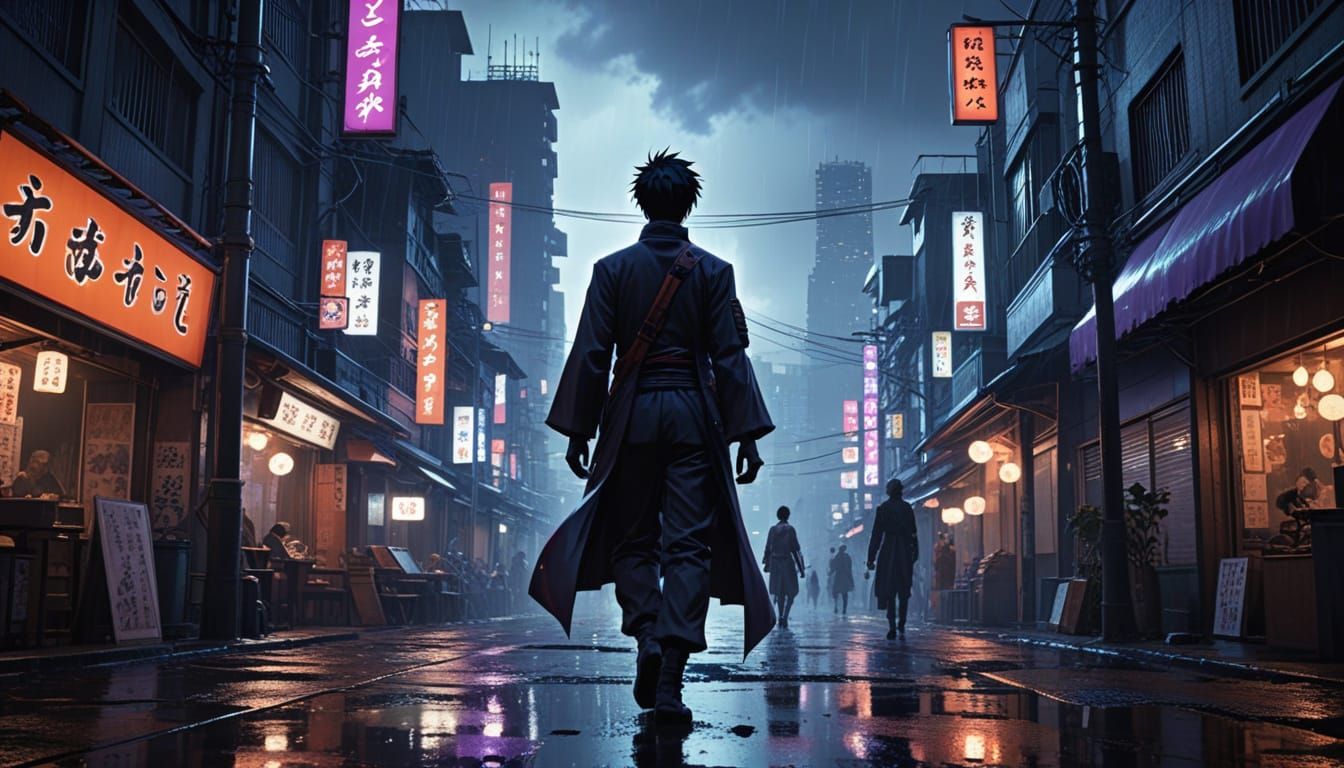 Vibrant Anime Cityscape in Neon-Lit Rainstorm