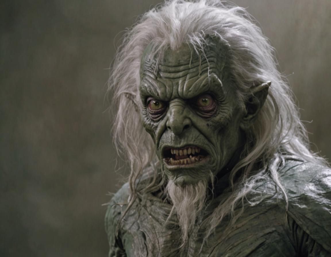 A salt vampire from Star Trek the Original series.  dark Green, extremely wrinkled skin, white long hair.