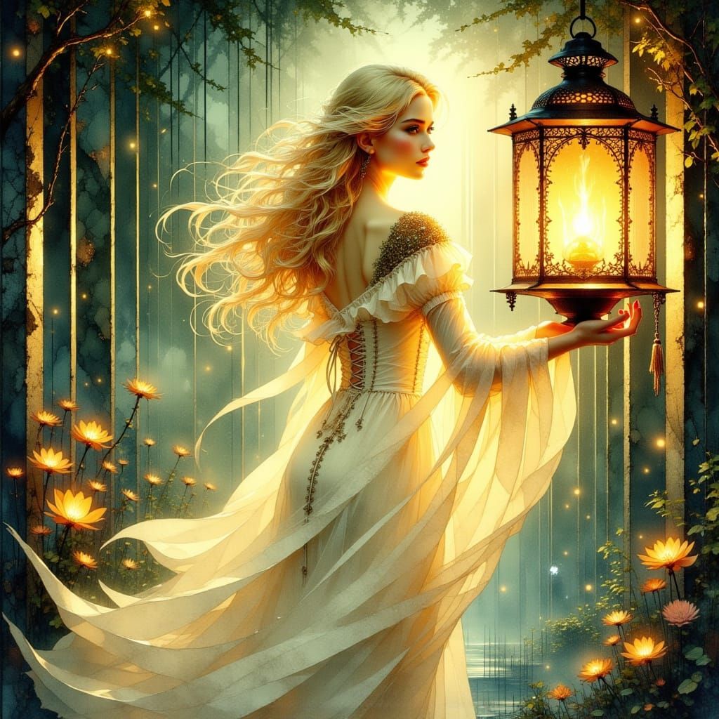 Ethereal Woman with Lantern in Symbolist Style