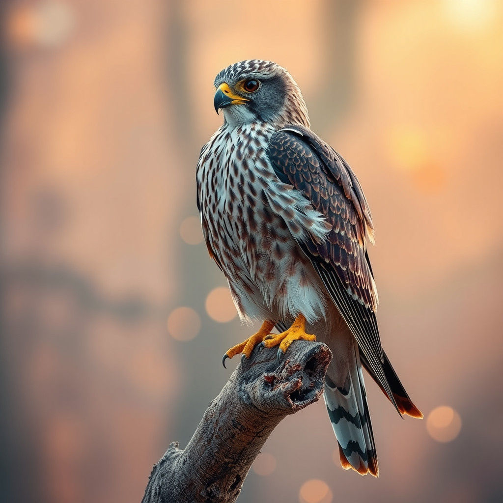 Falcon on Branch in Hyperrealistic Landscape