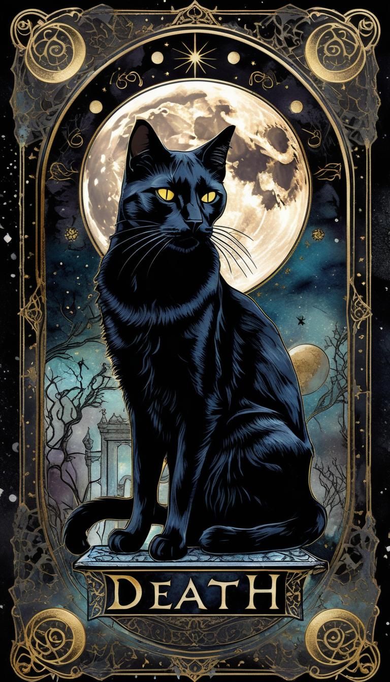 Death Tarot Card with Black Cat in Gothic Watercolor
