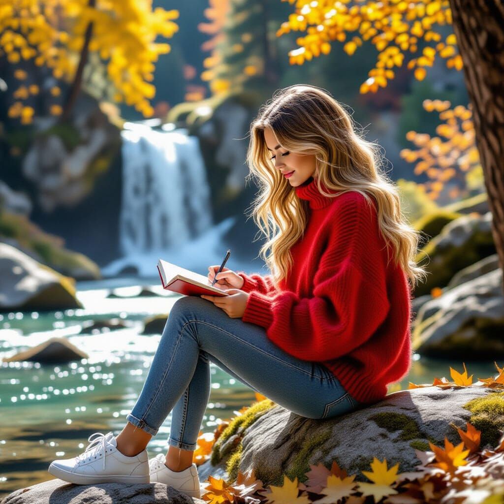 Woman Sketching by Waterfall in Photorealistic Style