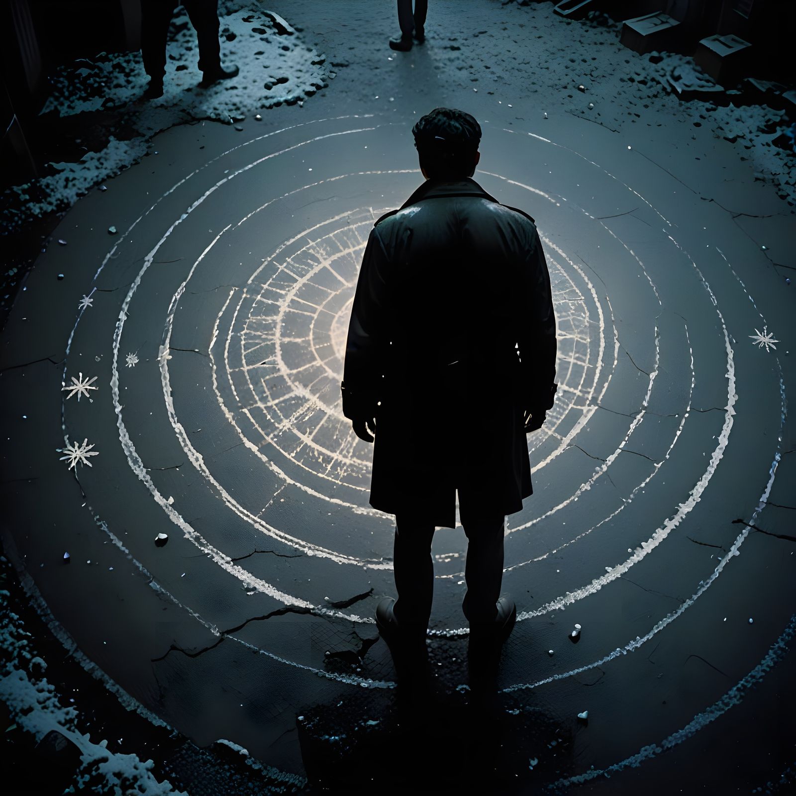 Elegant Brunet Man Surrounded by Chalk Circle in Winter