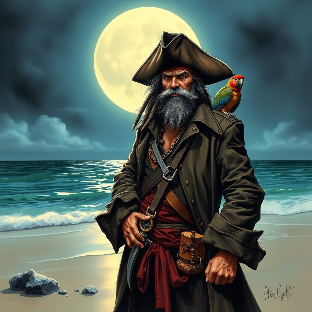 Long John Silver on Moonlit Beach, Fantasy Art