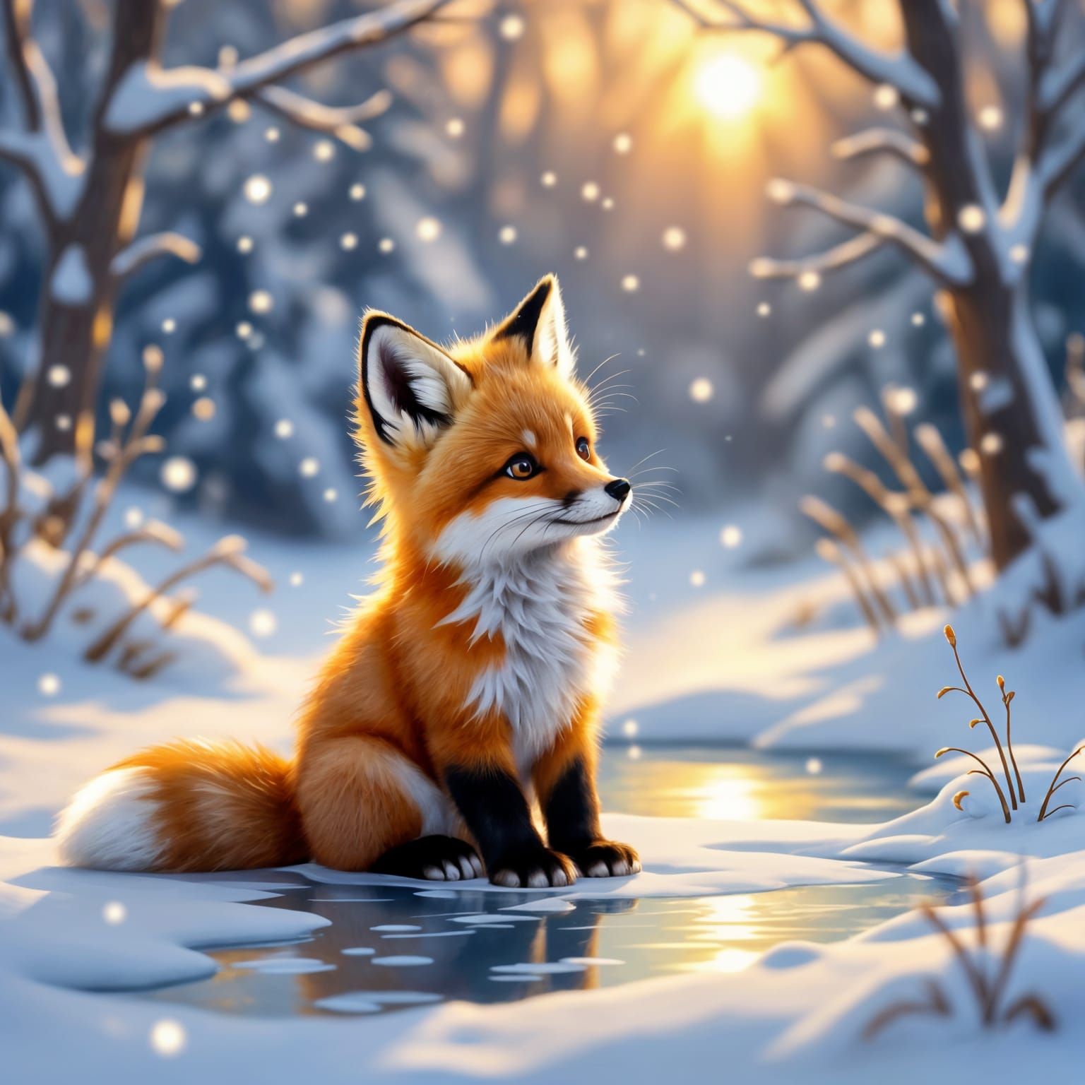 Whimsical Fox Cub on Frozen Pond in Golden Hour
