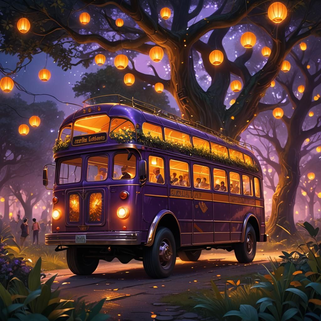 Magical Walking Bus in Enchanted Forest, Fantasy Art
