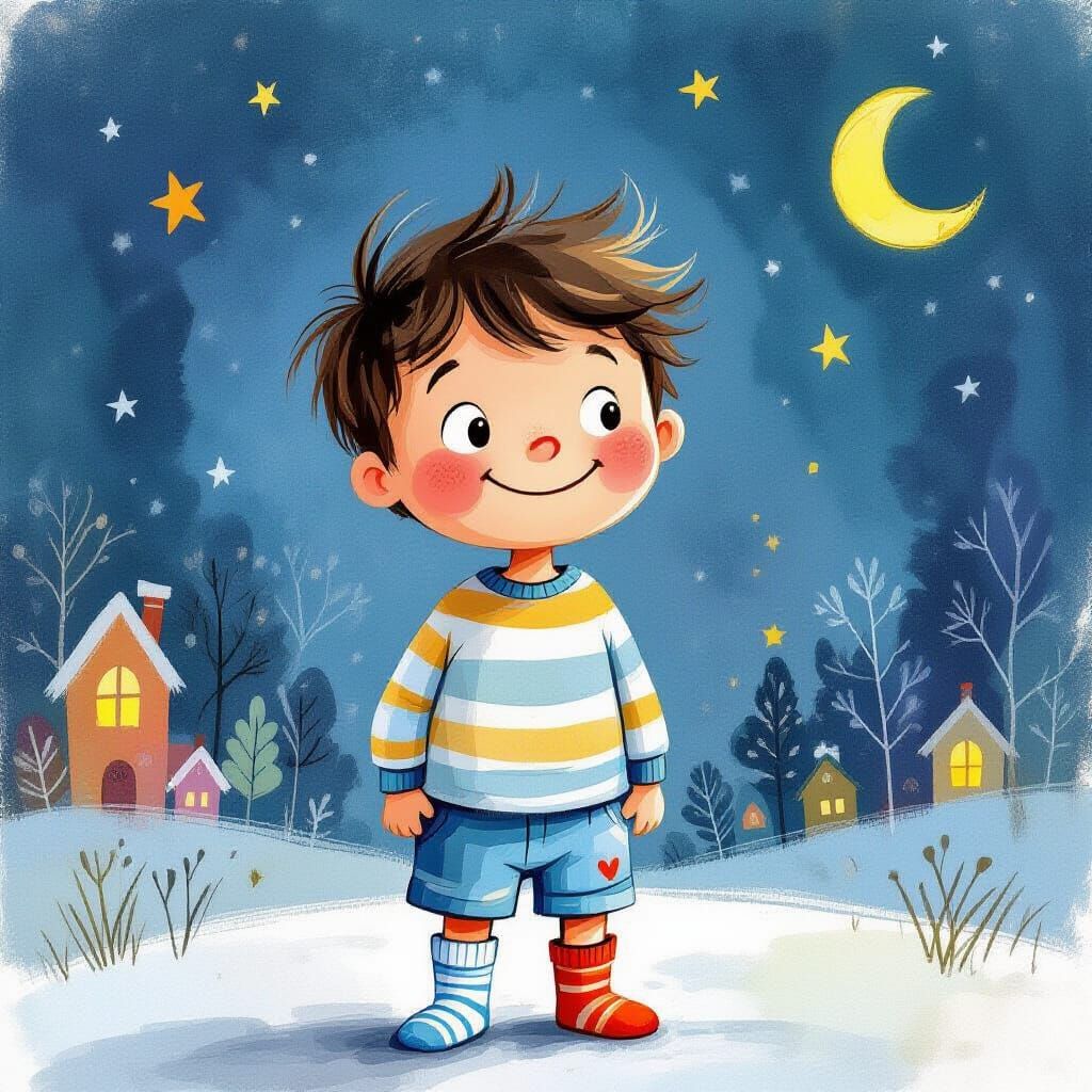 Whimsical Night Scene with Smiling Boy, Watercolour Style