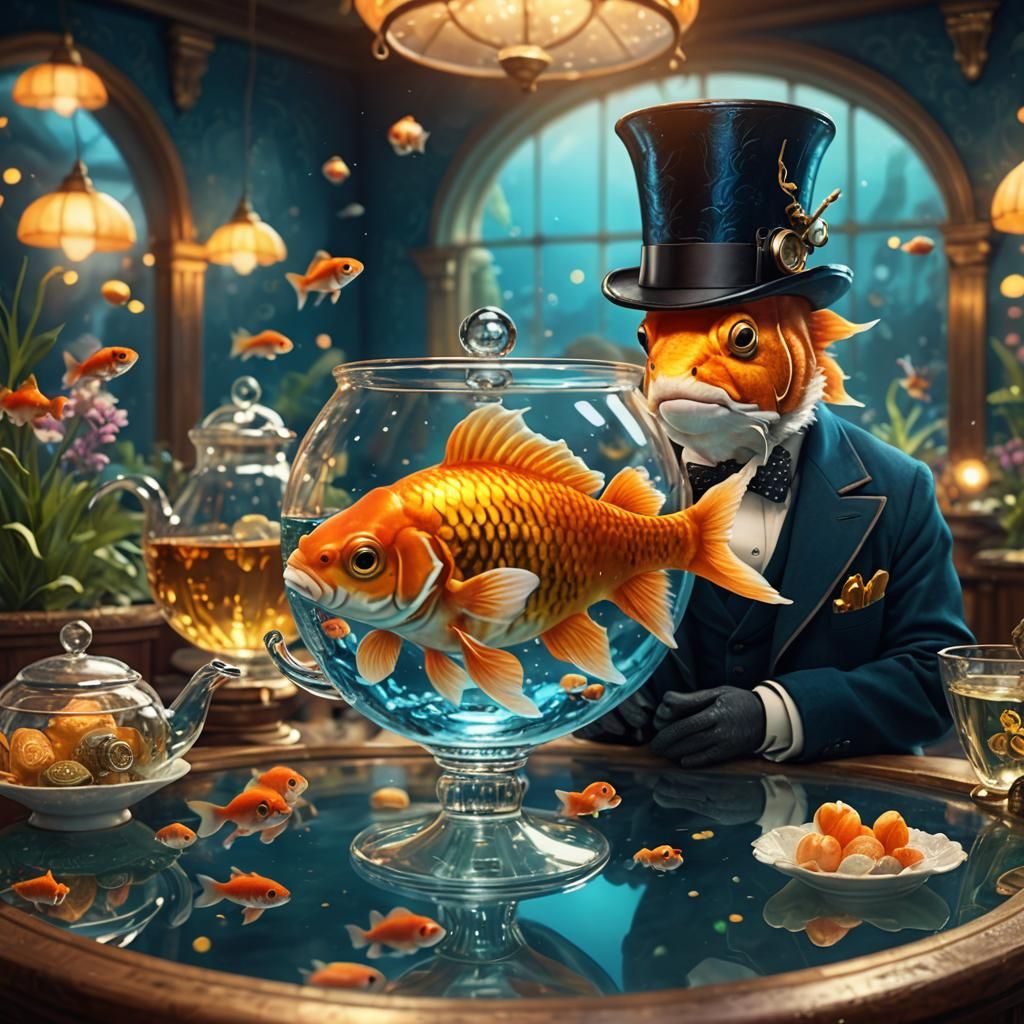 Dapper Goldfish Tea Party in Aquarium, Digital Painting